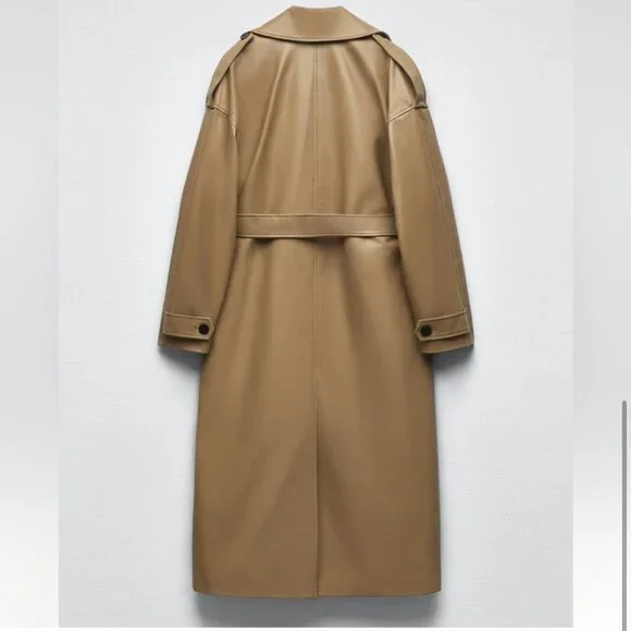 BLOGGER'S FAVE! Zara Faux Leather Trench Coat Tan Brown NWT - Picture 11 of 13